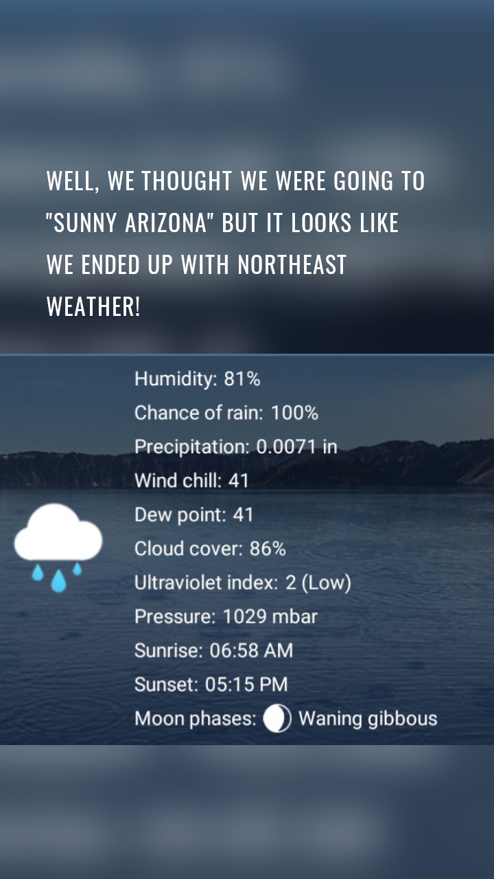 Well, we thought we were going to "sunny Arizona" but it looks like we ended up with Northeast weather!